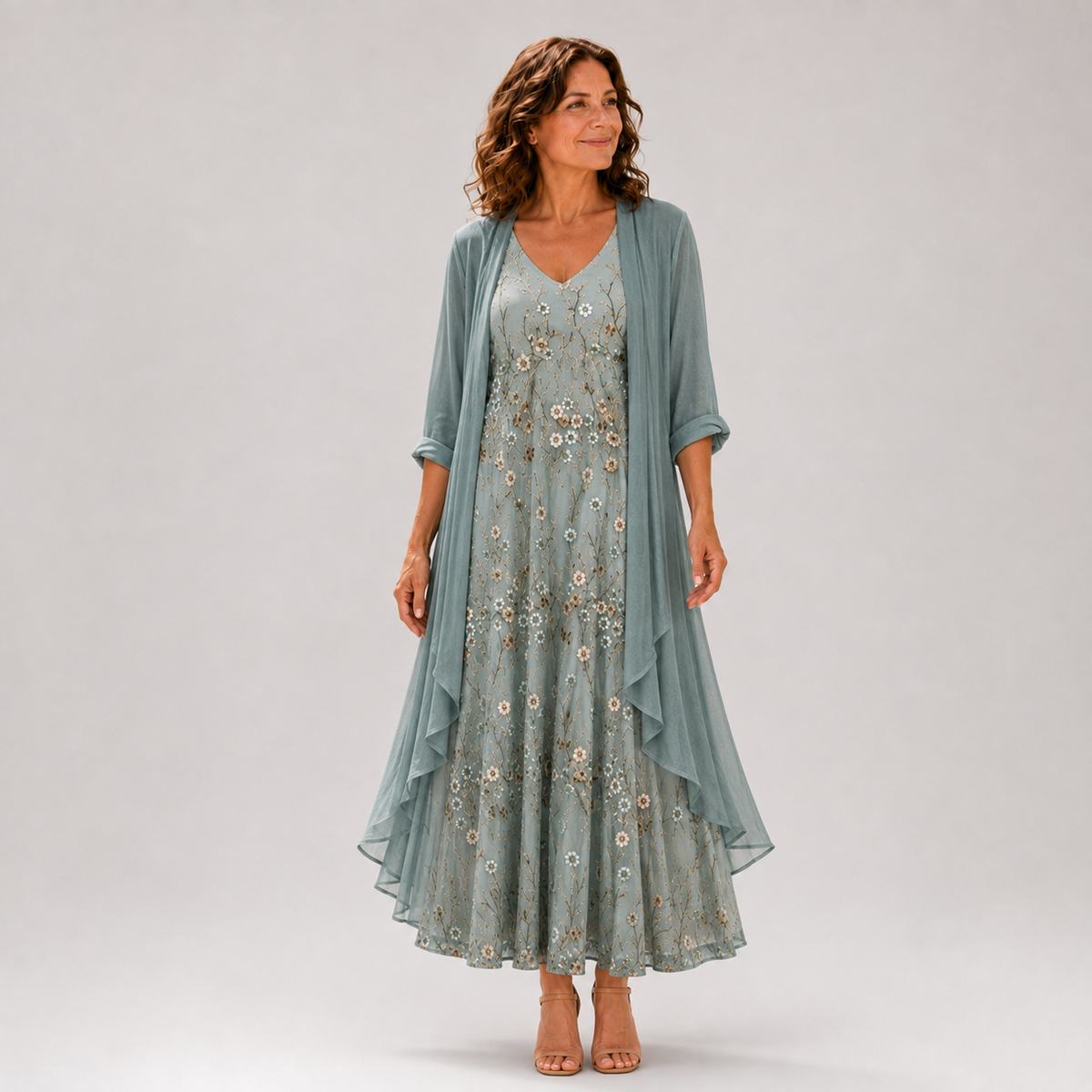 Elena | Abito Elegante con Ricamo Floreale e Mantella Leggera