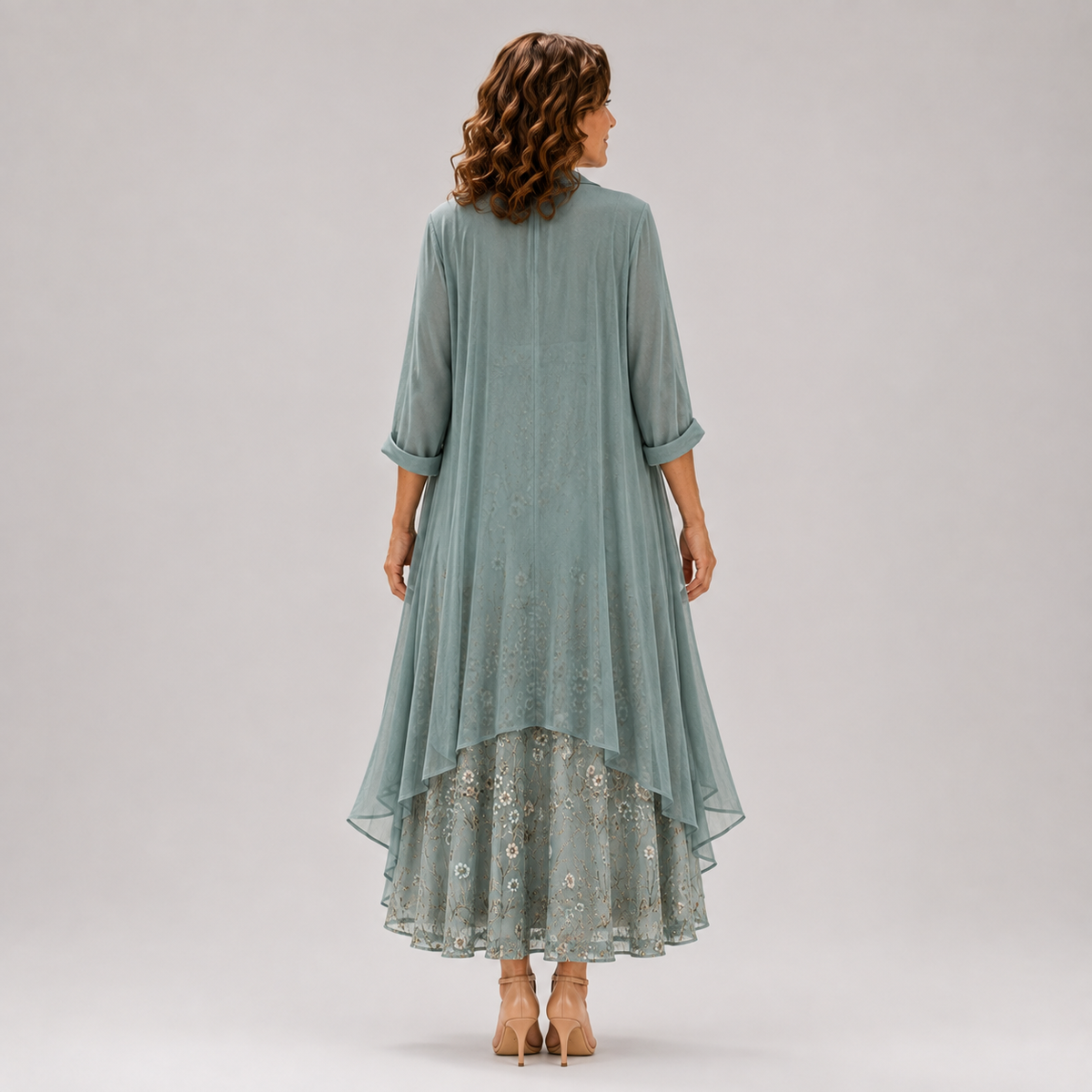 Elena | Abito Elegante con Ricamo Floreale e Mantella Leggera