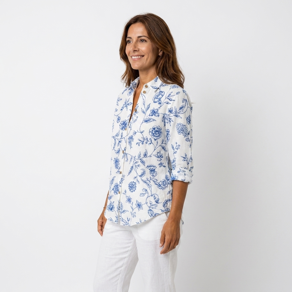 Beatriz - Blusa floral azul porcelana - vista lateral
