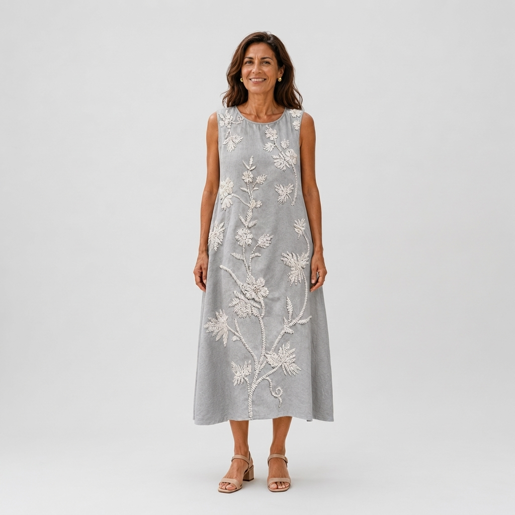 Vestido midi gris con flores bordadas - vista frontal