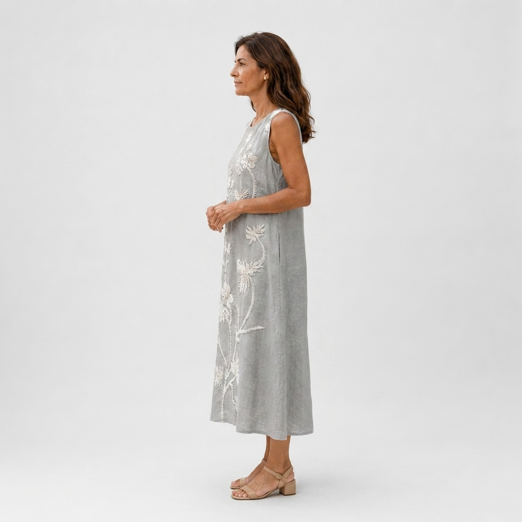 Vestido midi gris con flores bordadas - vista lateral