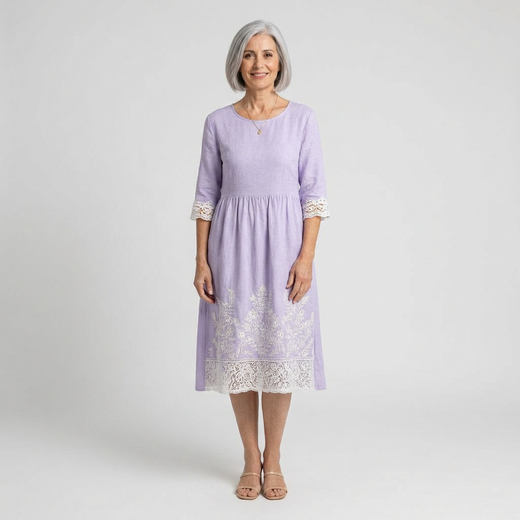 Vestido midi lila con encaje bordado - vista frontal