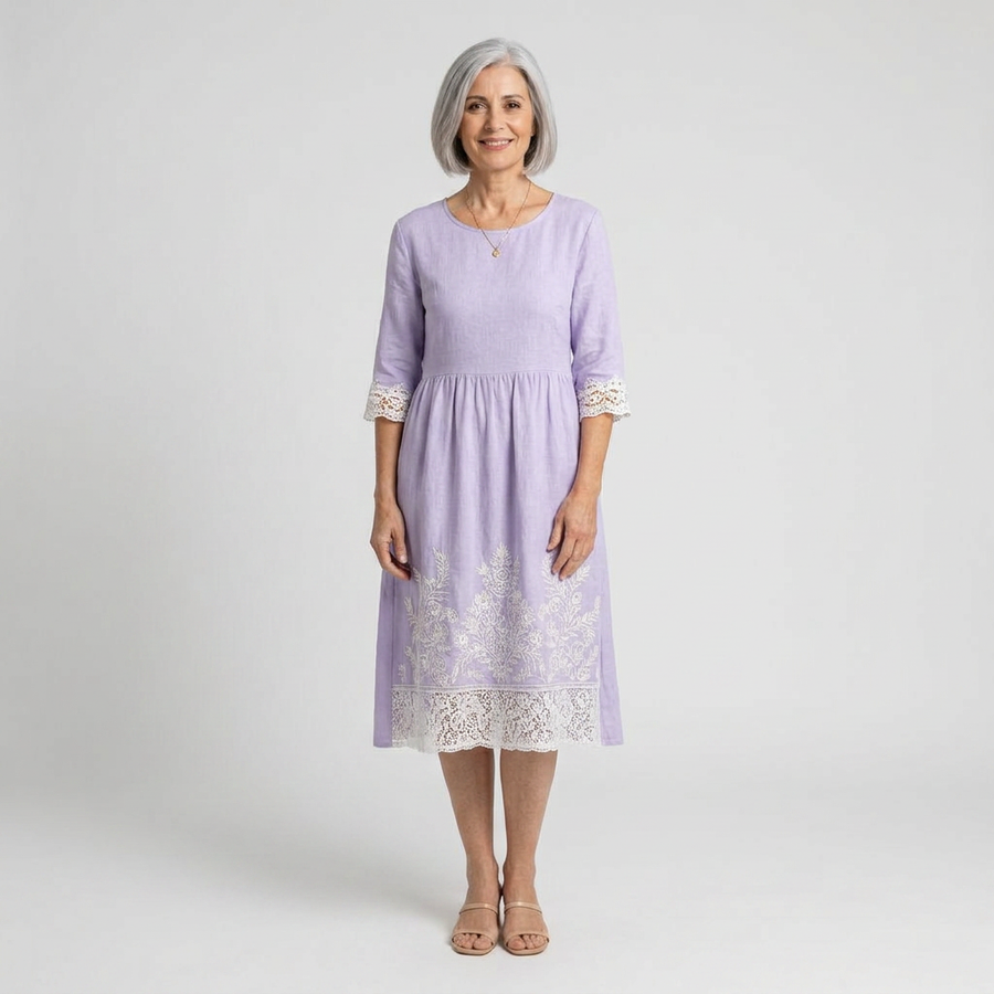 Vestido midi lila con encaje bordado - vista frontal