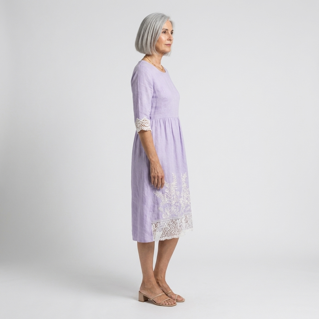 Vestido midi lila con encaje bordado - vista lateral