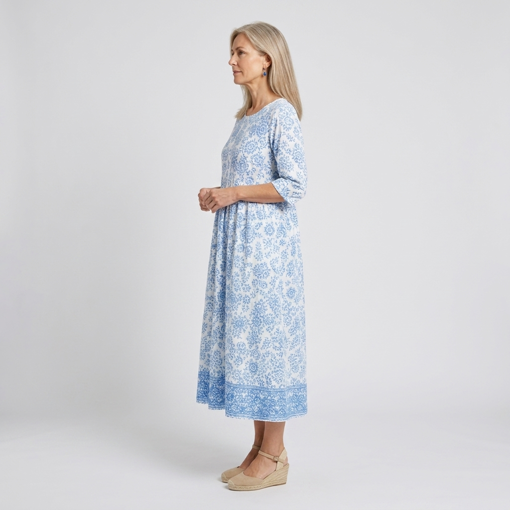 Vestido midi blanco con estampado floral azul - vista lateral