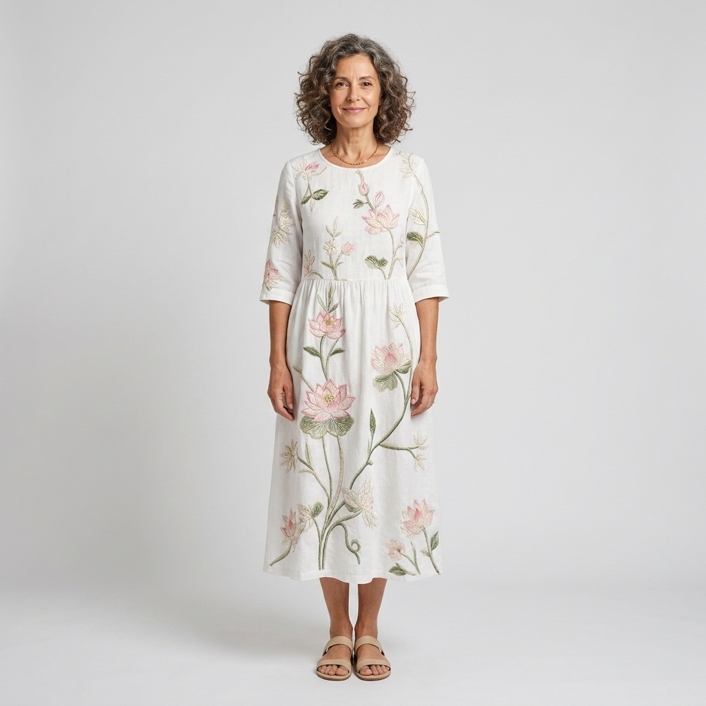 Vestido midi blanco con flores bordadas - vista frontal