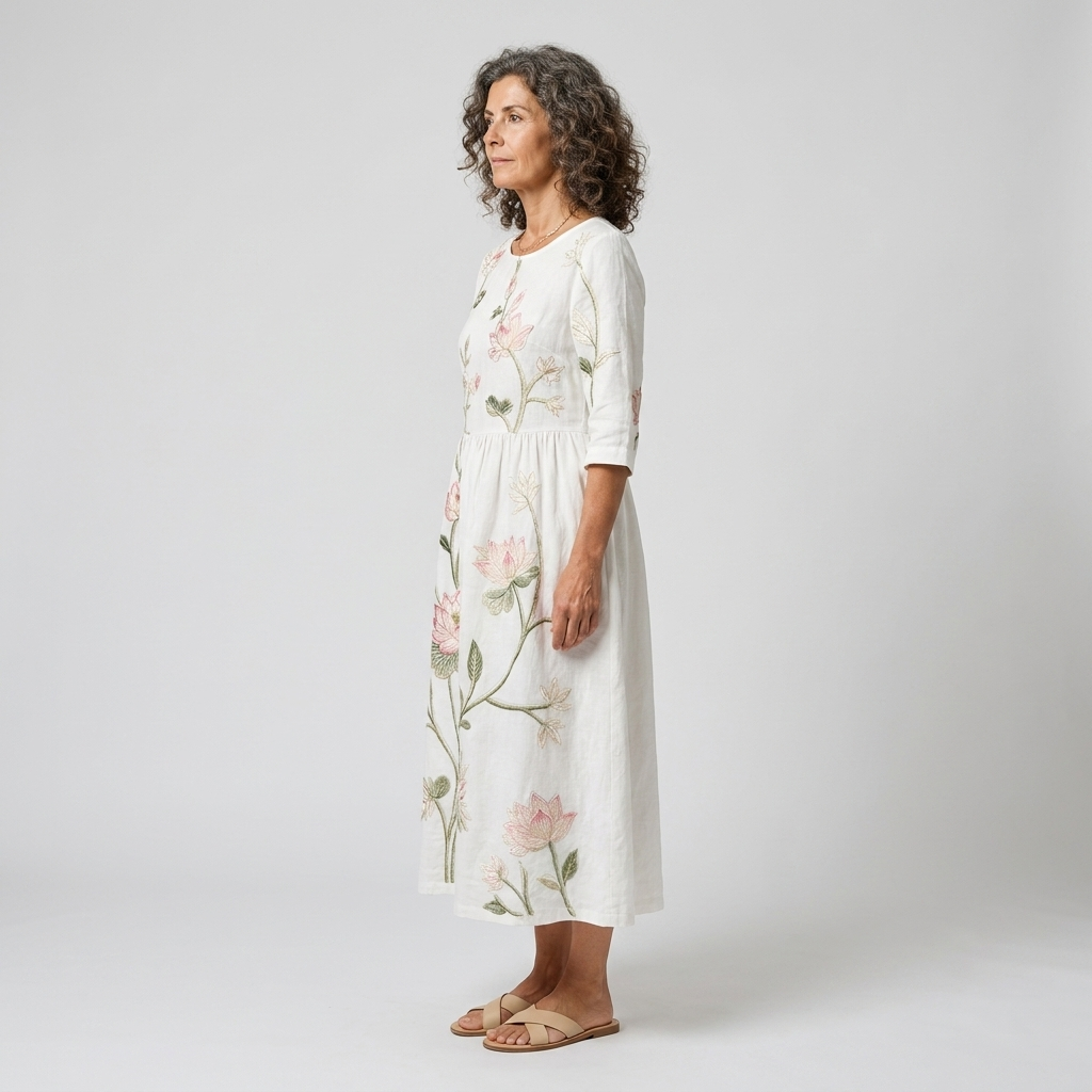 Vestido midi blanco con flores bordadas - vista lateral
