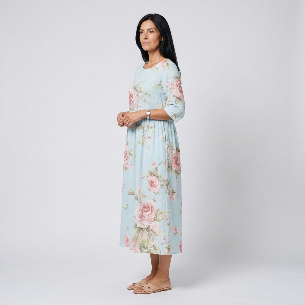 Vestido midi azul cielo con estampado de rosas - vista lateral