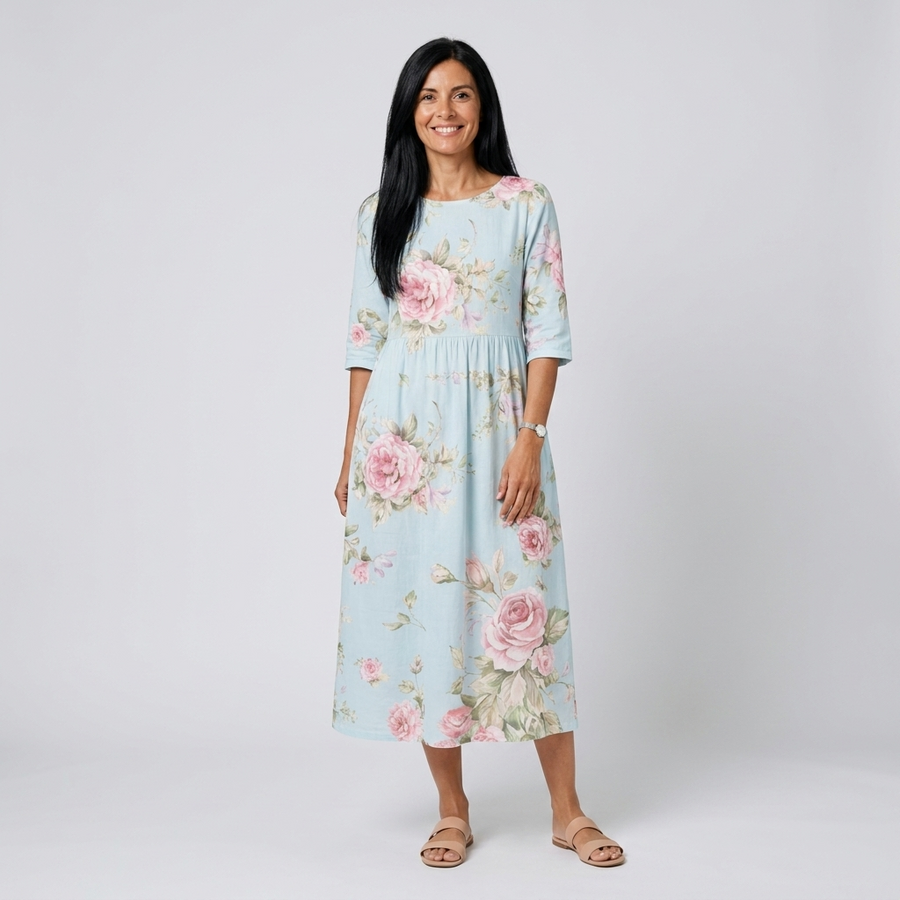 Vestido midi azul cielo con estampado de rosas - vista frontal