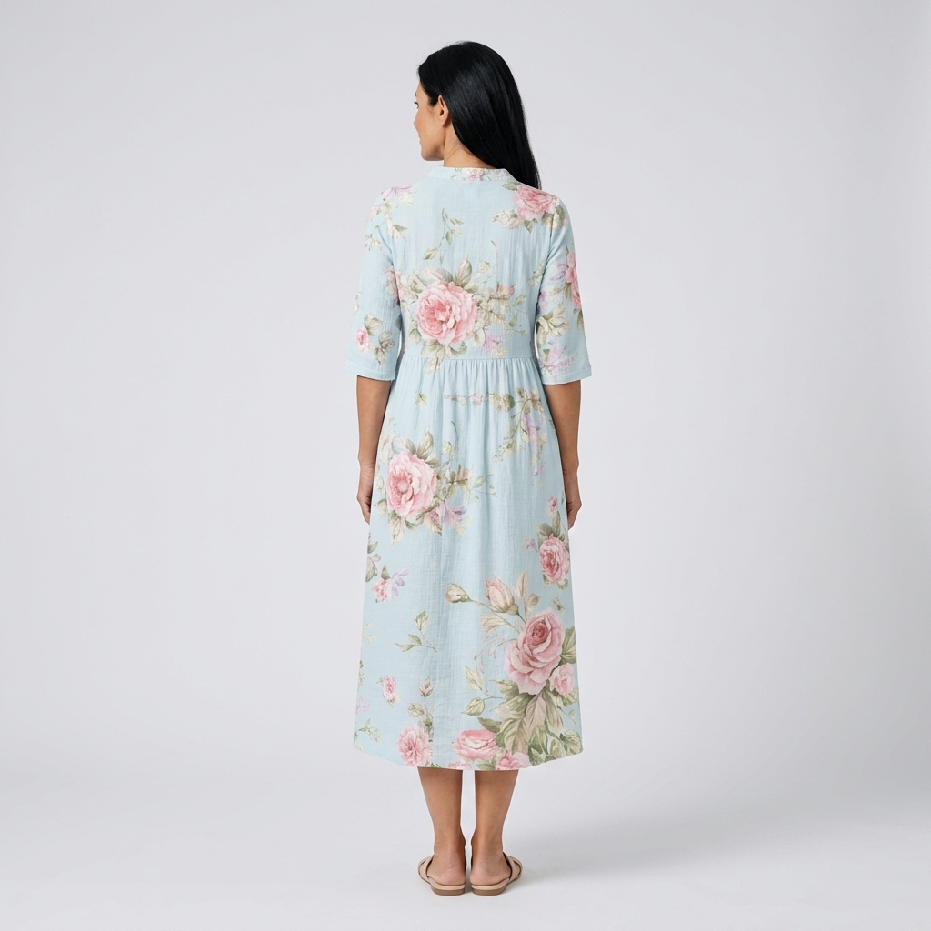 Vestido midi azul cielo con estampado de rosas - vista trasera