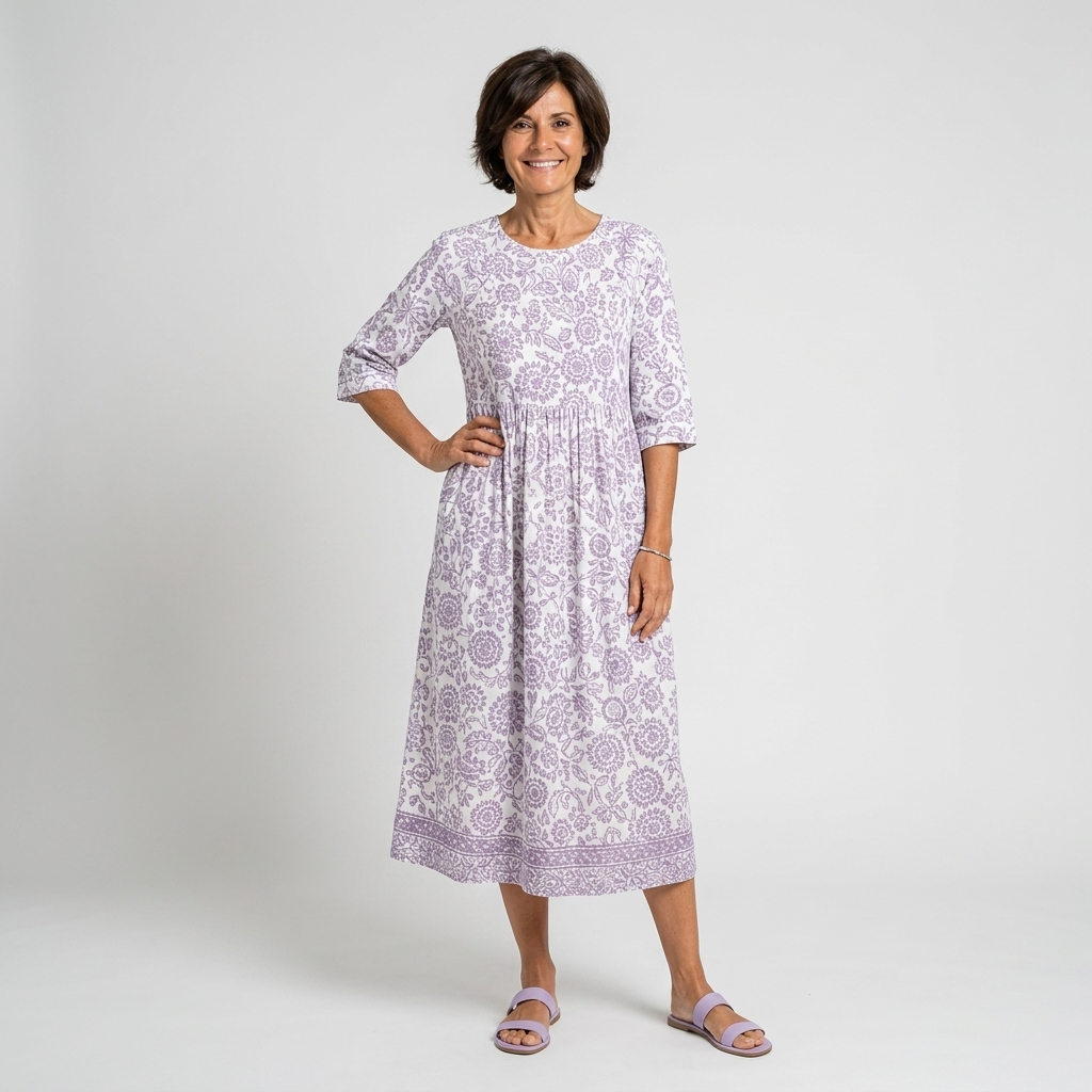 Vestido midi blanco con estampado floral lila - vista frontal