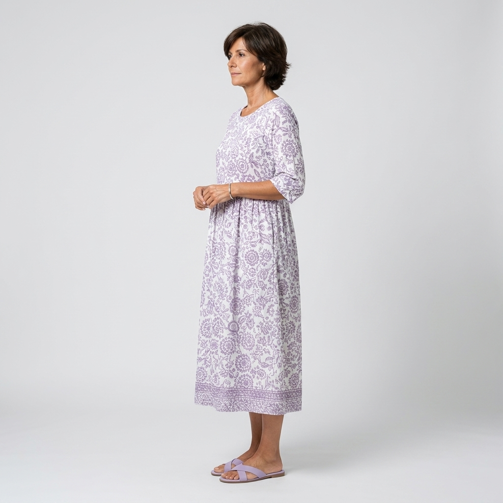 Vestido midi blanco con estampado floral lila - vista lateral