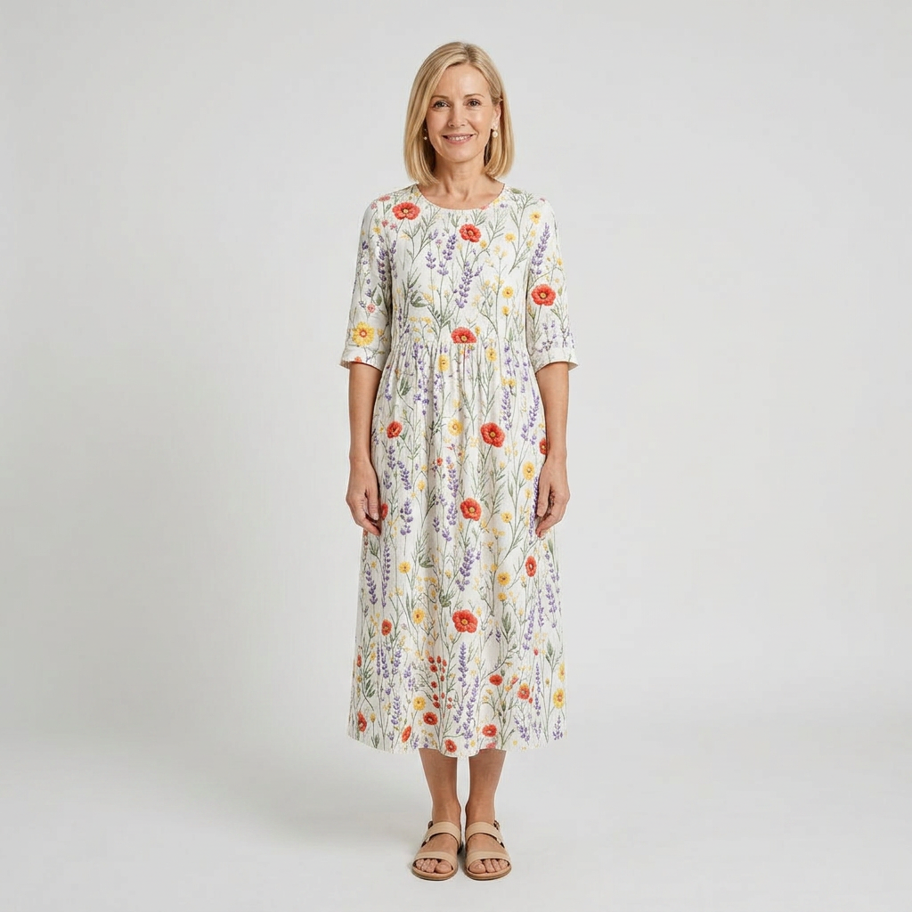 Vestido midi blanco con flores bordadas - vista frontal