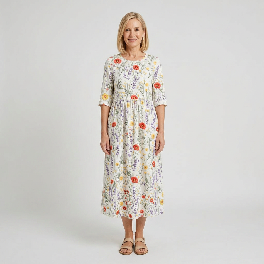 Vestido midi blanco con flores bordadas - vista frontal