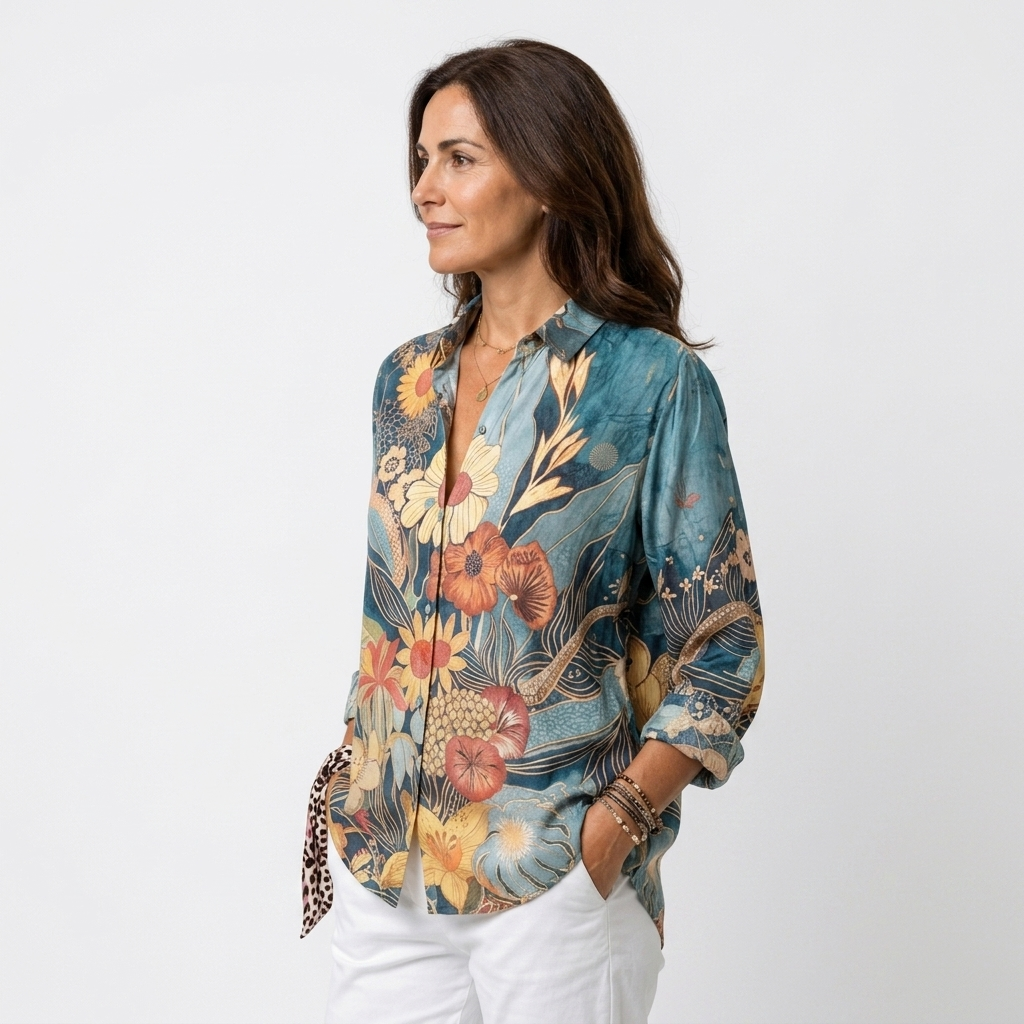 Carmen - Blusa floral artística azul petróleo - vista lateral