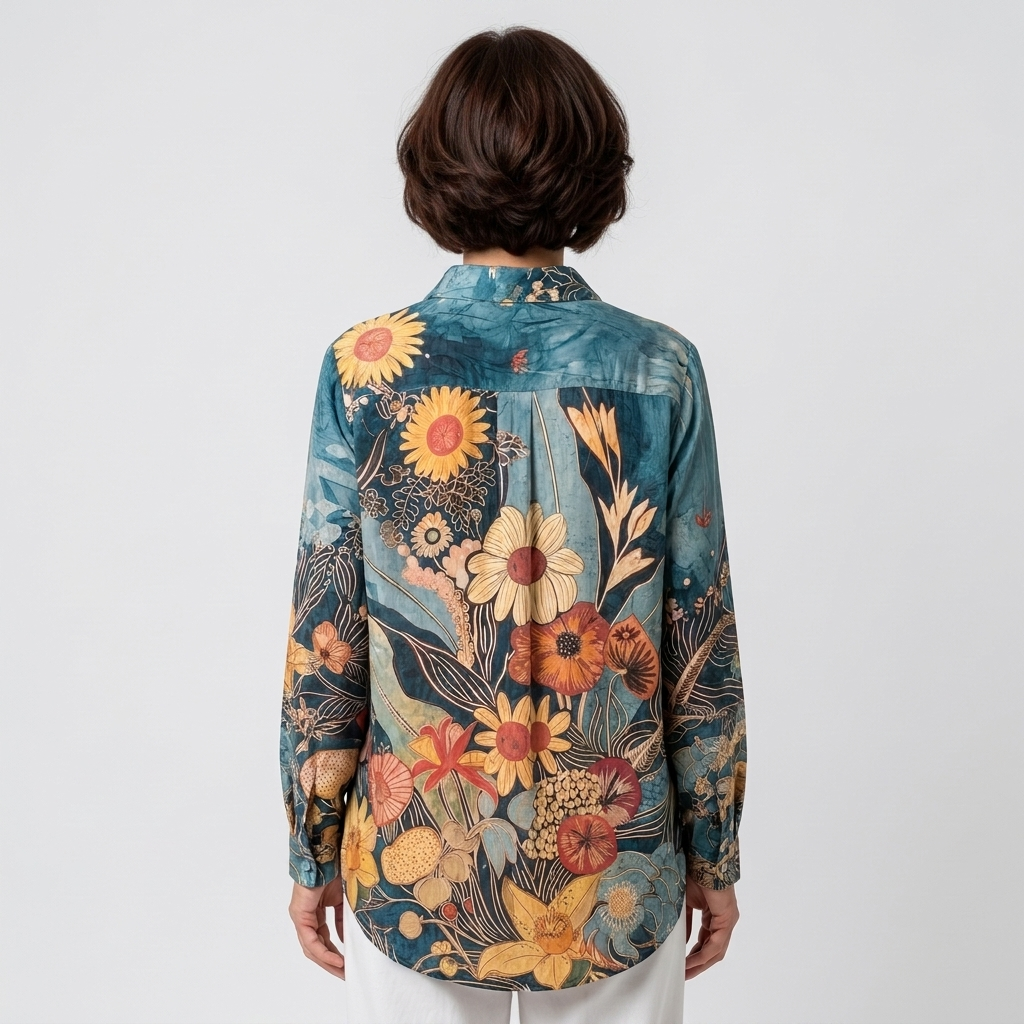 Carmen - Blusa floral artística azul petróleo - vista trasera